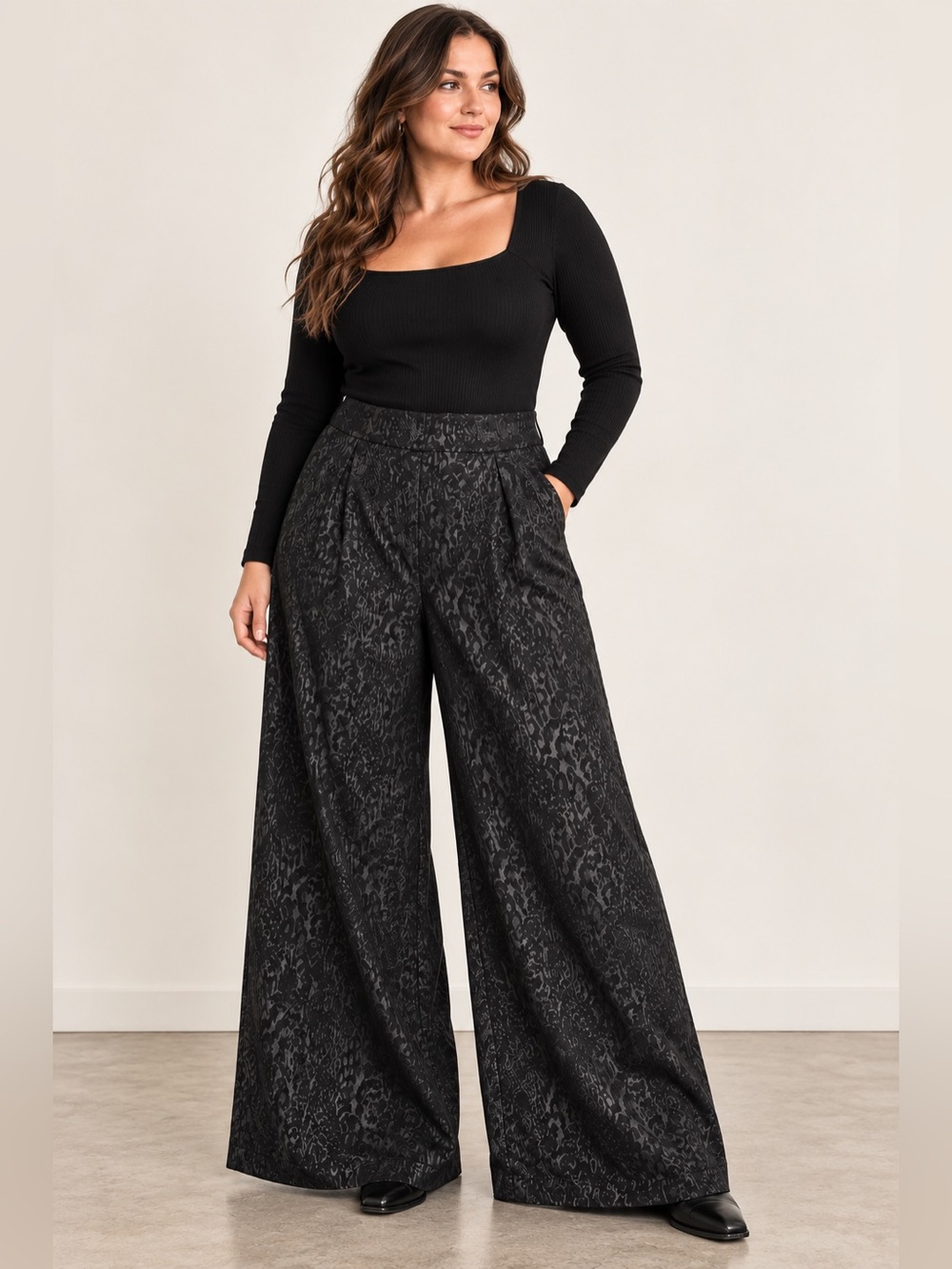 Free People Black Jacquard Wide Leg Palazzo Pants 12 Whimsigoth Gothic